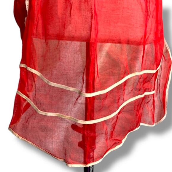 Vintage 1950s Red Sheer Half Apron White Lace Trim Tie Back Retro Housewife - Picture 10 of 13